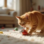 A domestic cat playing with a homemade cat toy crafted from crumpled foil and fabric in a cozy living room.