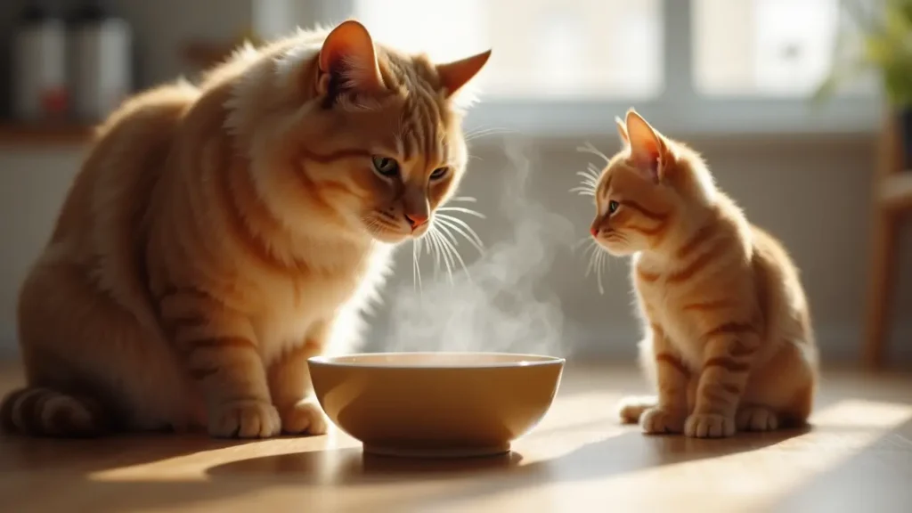 Bone Broth for Cats: Nutritional Benefits or Just Another Trend? 3 Cat owner pouring fresh chicken broth into a feeding bowl while the cat waits