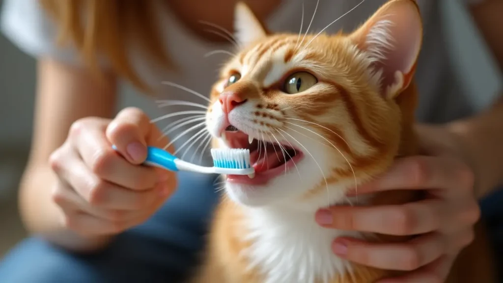 Cat Teeth Cleaning Made Easy: At-Home Tips for a Healthy Feline Smile 2 Cat owner brushing a cat's teeth with a soft-bristled toothbrush.