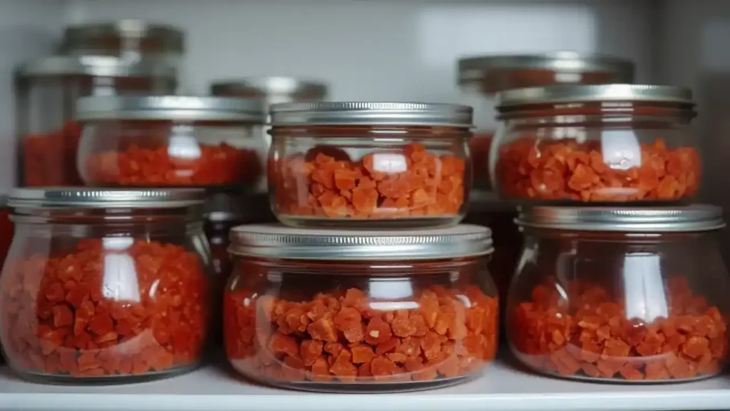 The Ultimate Raw Cat Food Diet: Benefits, Recipes & Safety 3 Labeled glass containers with raw cat food stored in a clean refrigerator