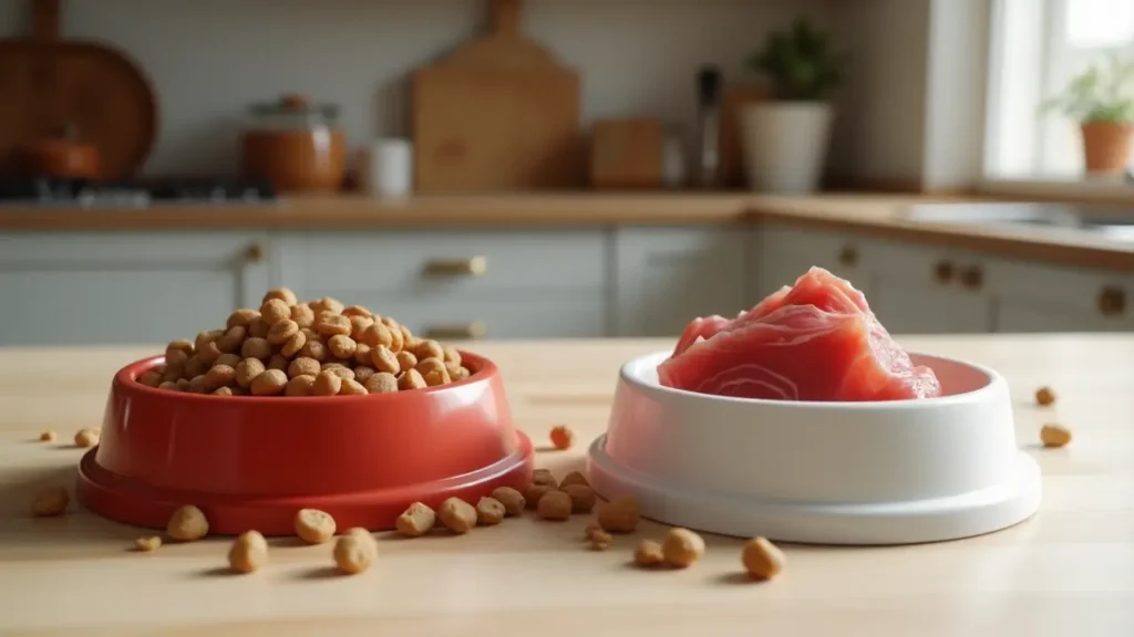 Is Authority Cat Food Good for Your Cat? A Nutritional Breakdown 2 Side-by-side comparison of dry kibble and raw Authority Cat Food in bowls