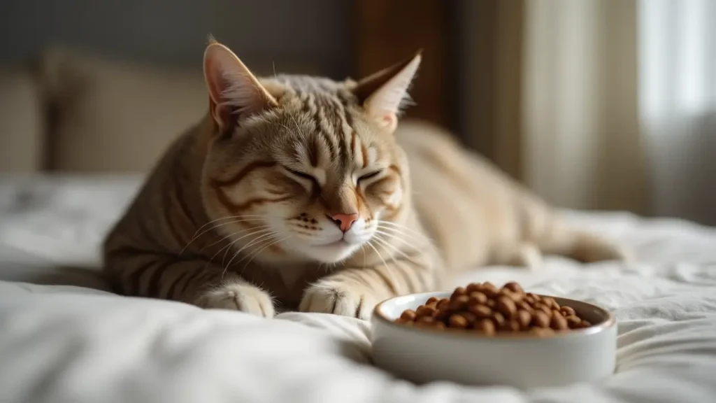 WholeHearted Cat Food vs Top Brands: Is It the Best Choice for Your Cat 3 Calm cat lying near a bowl of grain free cat food.