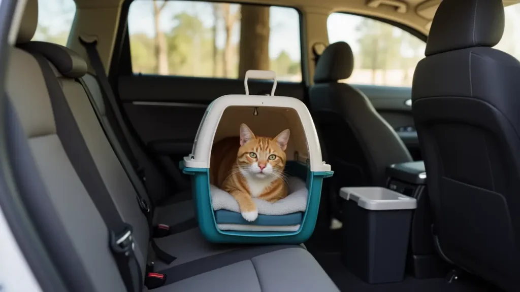 How to Fly with a Cat: The Ultimate Travel Guide for Stress-Free Trips 2 Cat inside a secure travel carrier placed on the backseat of a car during a road trip.