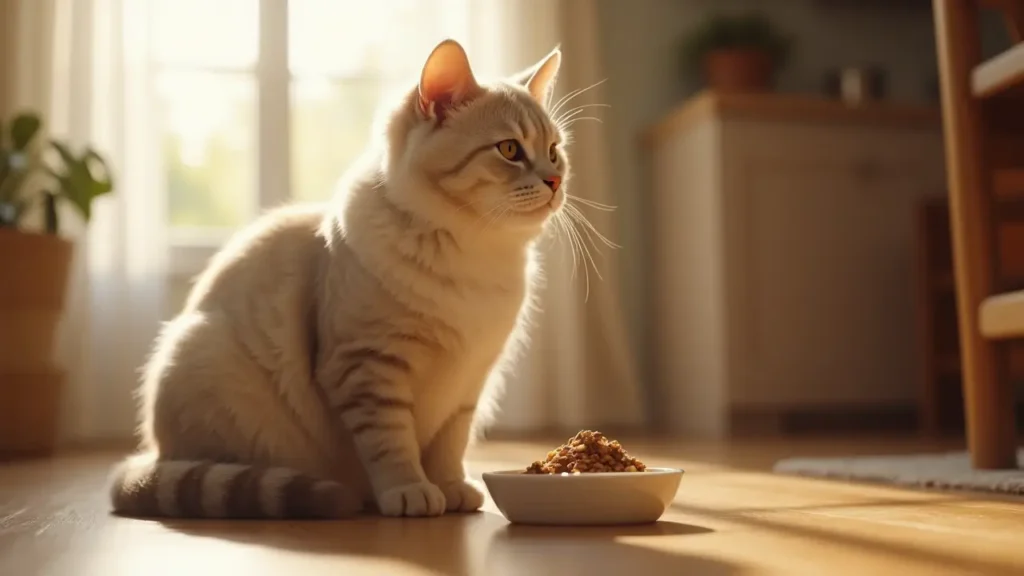 Best Low Phosphorus Cat Food for Cats with Kidney Disease 1 Senior cat beside a bowl of soft wet food in a warm kitchen setting