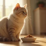 Senior cat beside a bowl of soft wet food in a warm kitchen setting