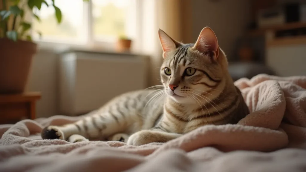 Cat Arthritis: The Silent Signs and How to Support Your Senior Cat Naturally 1 Senior cat resting on a blanket, showing signs of cat arthritis in a calm indoor environment.