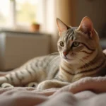 Senior cat resting on a blanket, showing signs of cat arthritis in a calm indoor environment.