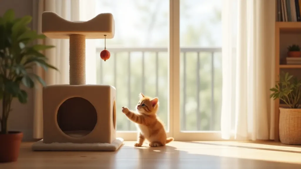 Modern Cat Tree Furniture: The Perfect Blend of Style and Function for Small Spaces 3 Compact two-level cat tree beside a window with a playful kitten.