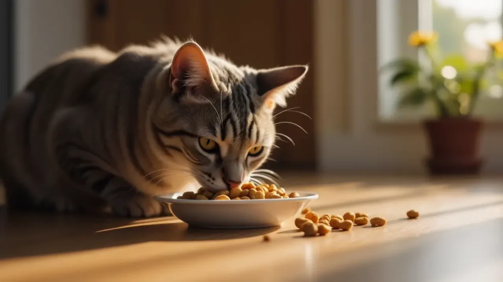 Soft Dry Cat Food That Solves Dental and Digestive Problems 2 Elderly cat with missing teeth eating tender kibble from a shallow dish.