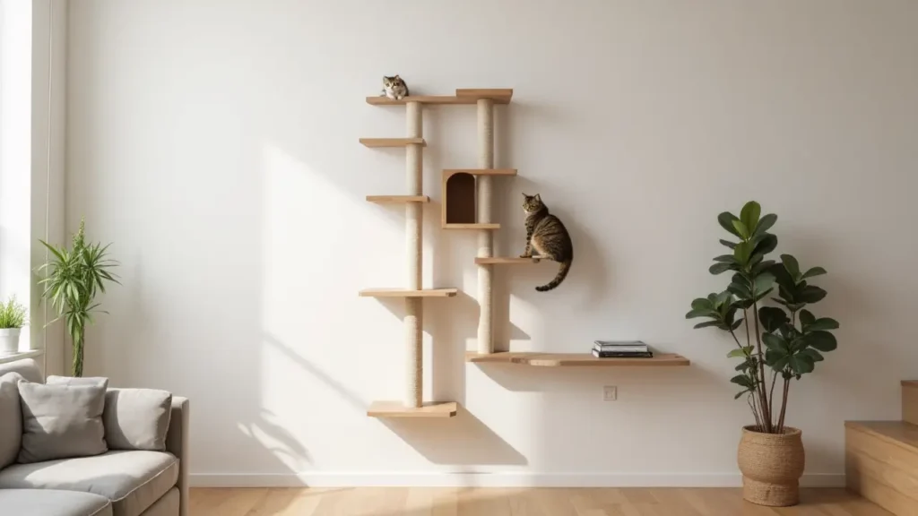 Modern Cat Tree Furniture: The Perfect Blend of Style and Function for Small Spaces 2 Wall-mounted cat climbing system in a small apartment.