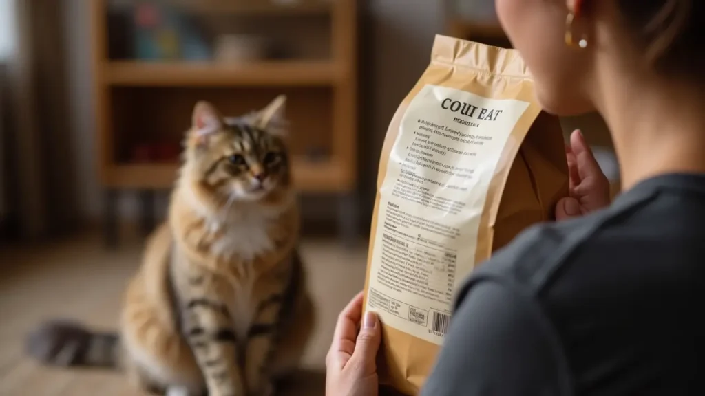 Friskies Dry Cat Food: Is It Really Giving Your Cat the Nutrition It Needs? 2 Pet owner checking friskies dry cat food label in home environment