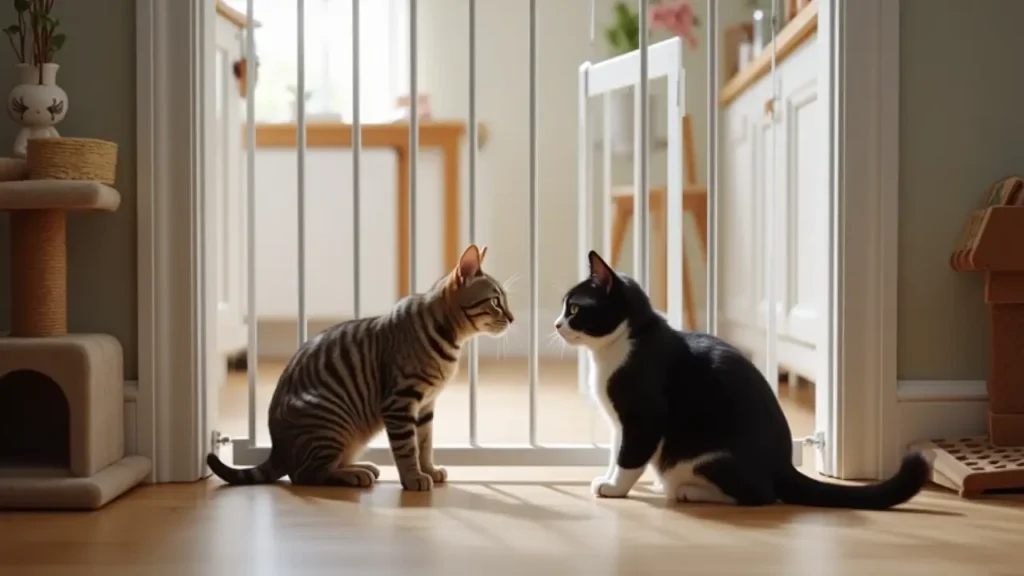 How to Introduce Cats the Right Way: Avoid Fights, Build Trust, and Create Harmony 2 Cats observing each other through a baby gate during a slow introduction