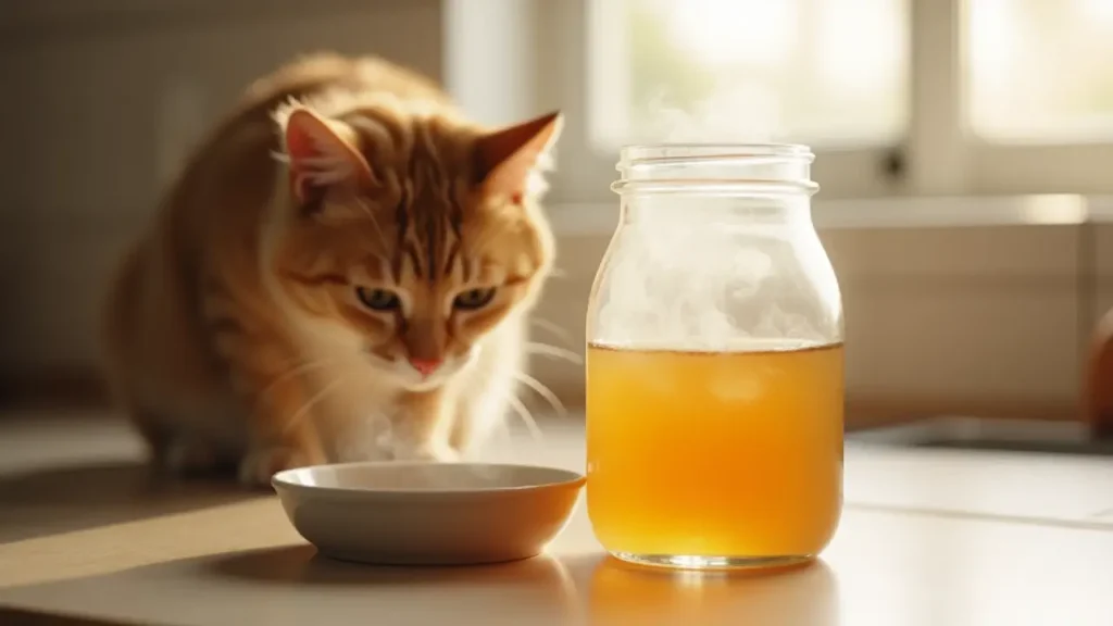 Best Fish Oil for Cats: Benefits and How to Use It 3 Bone broth served in a glass container with a cat drinking in the background.
