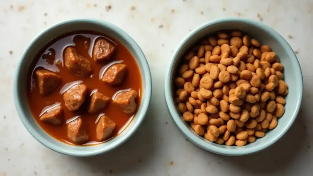 The Ultimate Guide to the Best Cat Food: Tailoring Nutrition to Every Feline Need 3 Side-by-side comparison of wet cat food in gravy and dry kibble on a neutral surface.