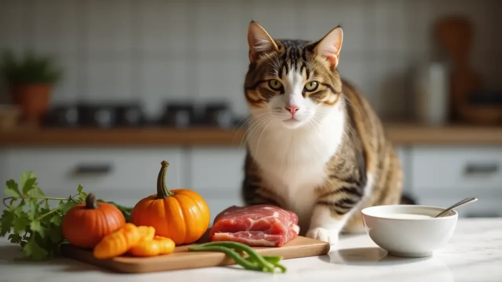 A healthy domestic cat near fresh homemade cat food ingredients in a bright kitchen.