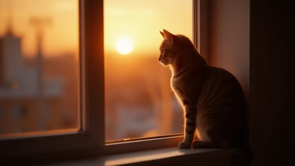 A cat sitting quietly on a windowsill at sunset, appearing thoughtful as it looks outside.