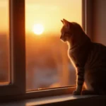 A cat sitting quietly on a windowsill at sunset, appearing thoughtful as it looks outside.