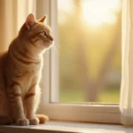 Calm indoor cat sitting peacefully on a windowsill in a sunlit, pet-friendly living room.